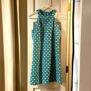 All That Jazz sz 5/6 small Vintage green/blue square pattern halter mini-dress